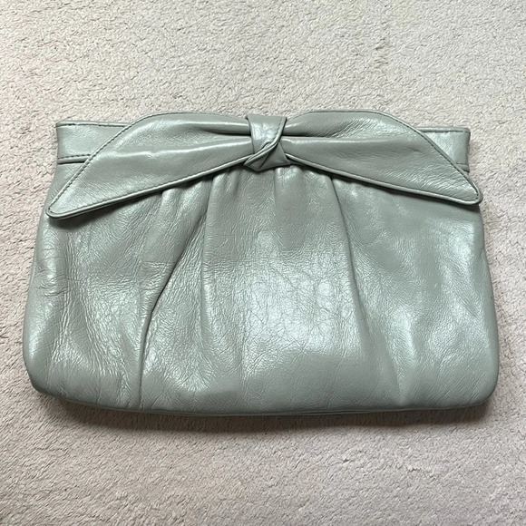 Vintage Leather/Chain Purse Bow Handbag-Grey-Clutch-Vtg-Gray-Retro-Tradwife-60s - Picture 3 of 15